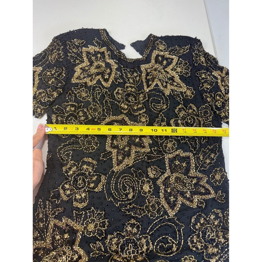 Black Tie Beaded Dress Size 10 Gold Flowers Vintage Cocktail‎ Party - Picture 10 of 11